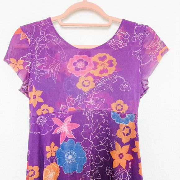 Y2K Sweet Pea Floral Mesh Babydoll Top Purple Size M Boho Fairy Indie Sleaze - Picture 7 of 7